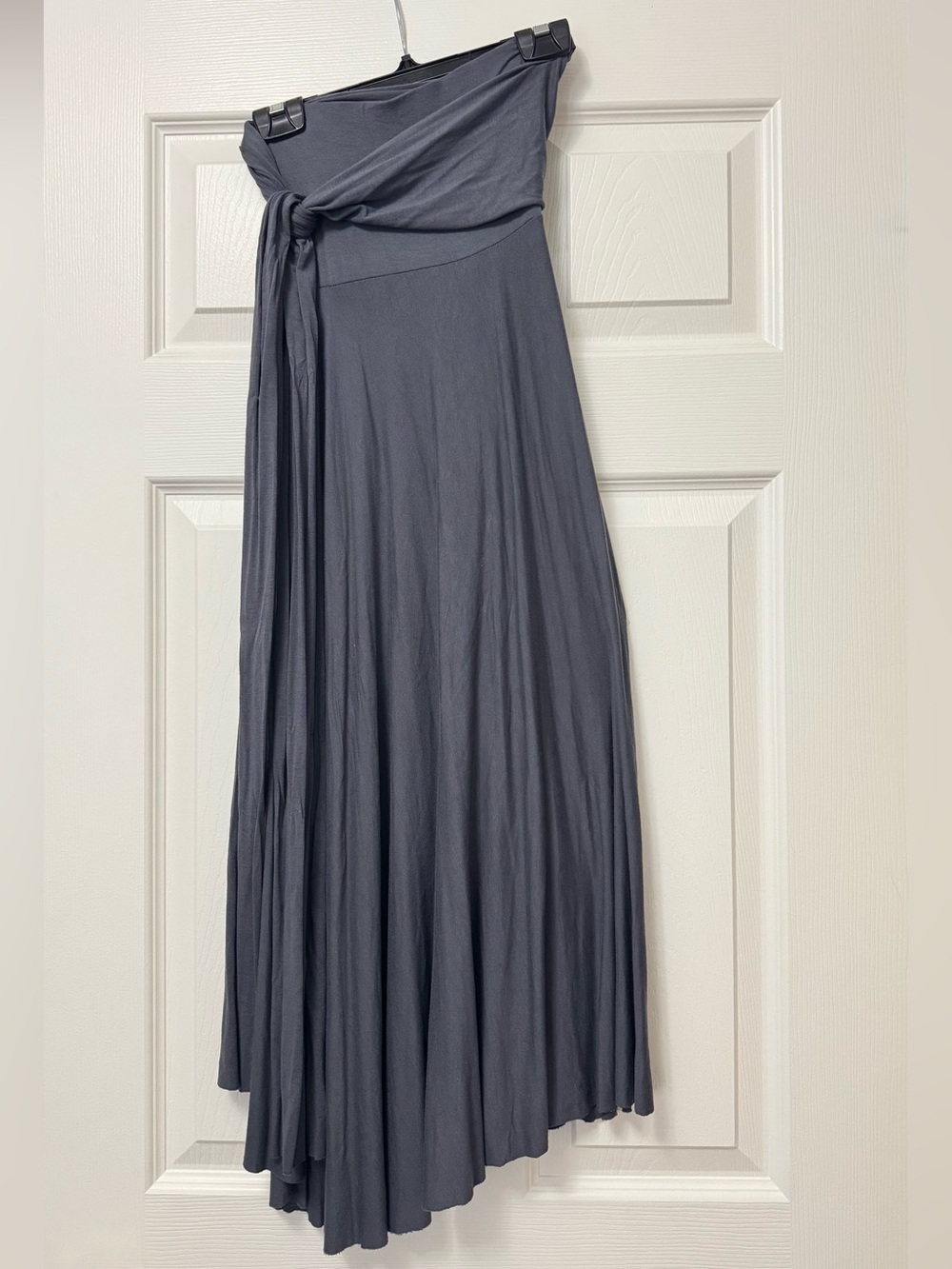 Strapless Asymmetrical Maxi Dress with Side Tie in Charcoal